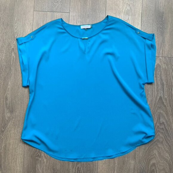 Calvin Klein Women's Draped Blouse Top Short Sleeve Blue Plus Size 1X - Picture 2 of 15